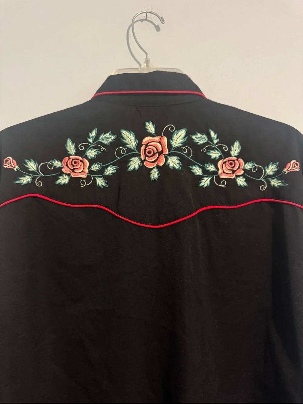 Scully Black Western Button-Down Shirt with Red Rose Embroidery- Large